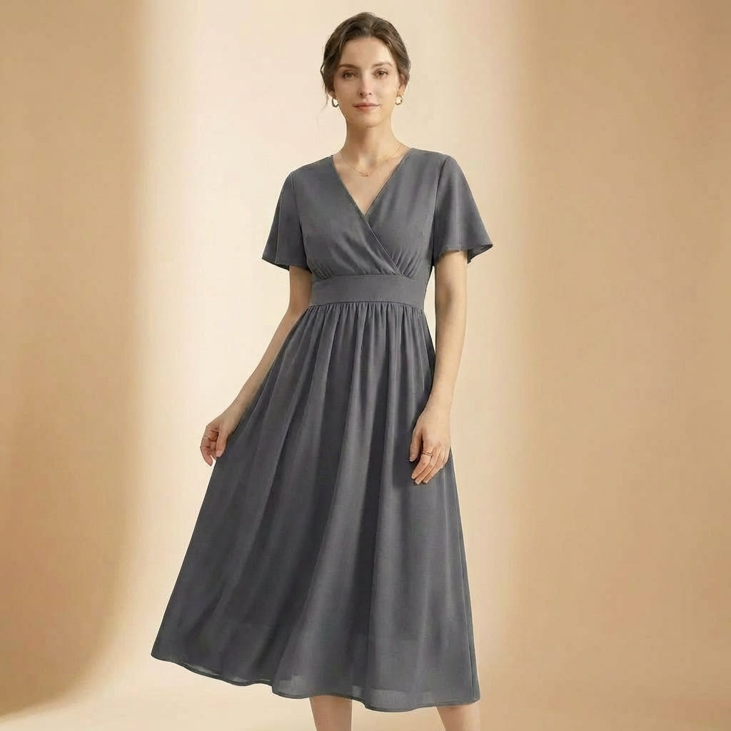 Vestido Longo com Decote em V com Mangas Sino