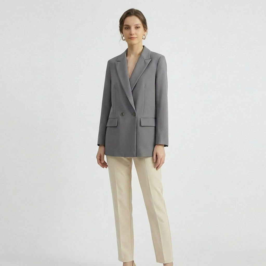 Blazer Casual Oversized de Cor Lisa com Fecho de Duplo Trespasse