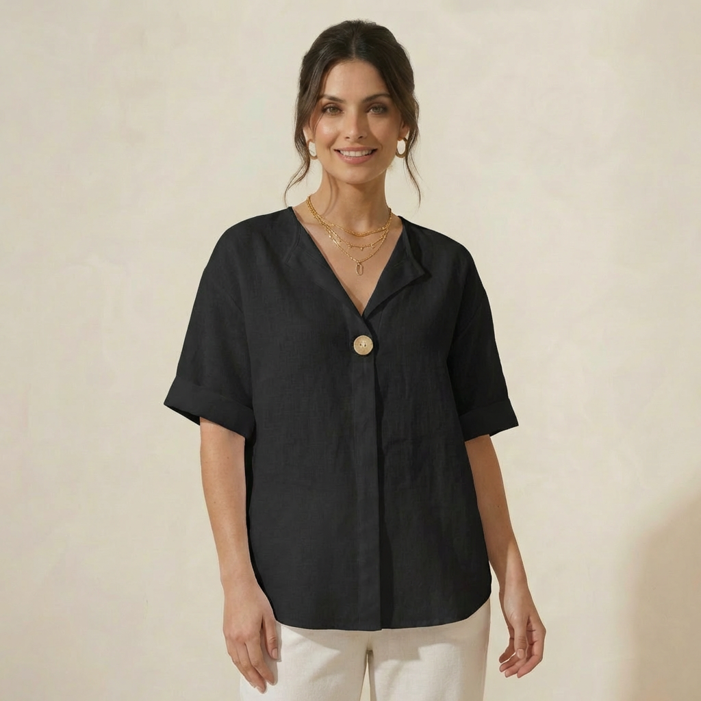 Blusa em Algodão e Linho com Manga Longa e Decote em V