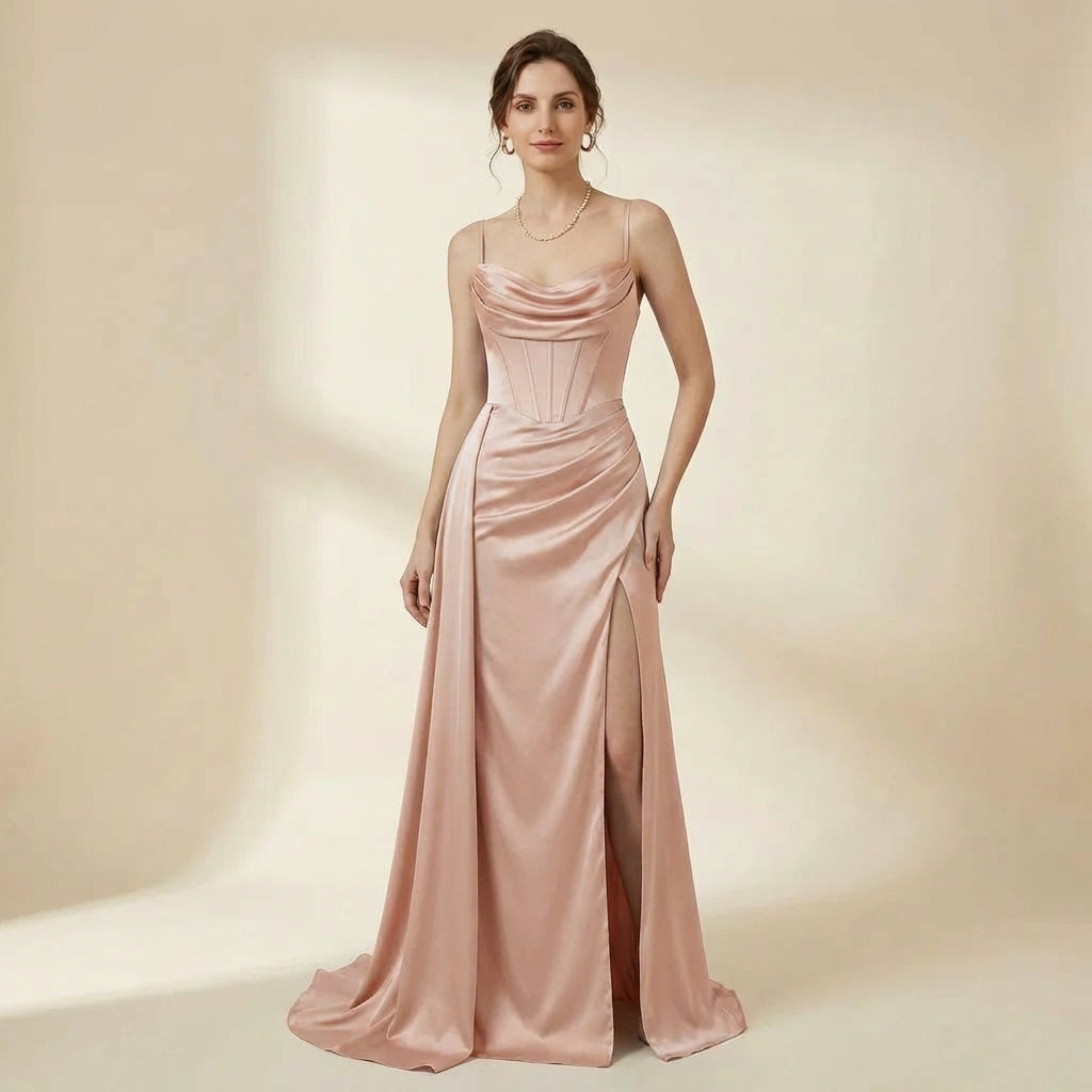 estido Longo de Bandagem com Alças Finas e Fenda de Costas Abertas