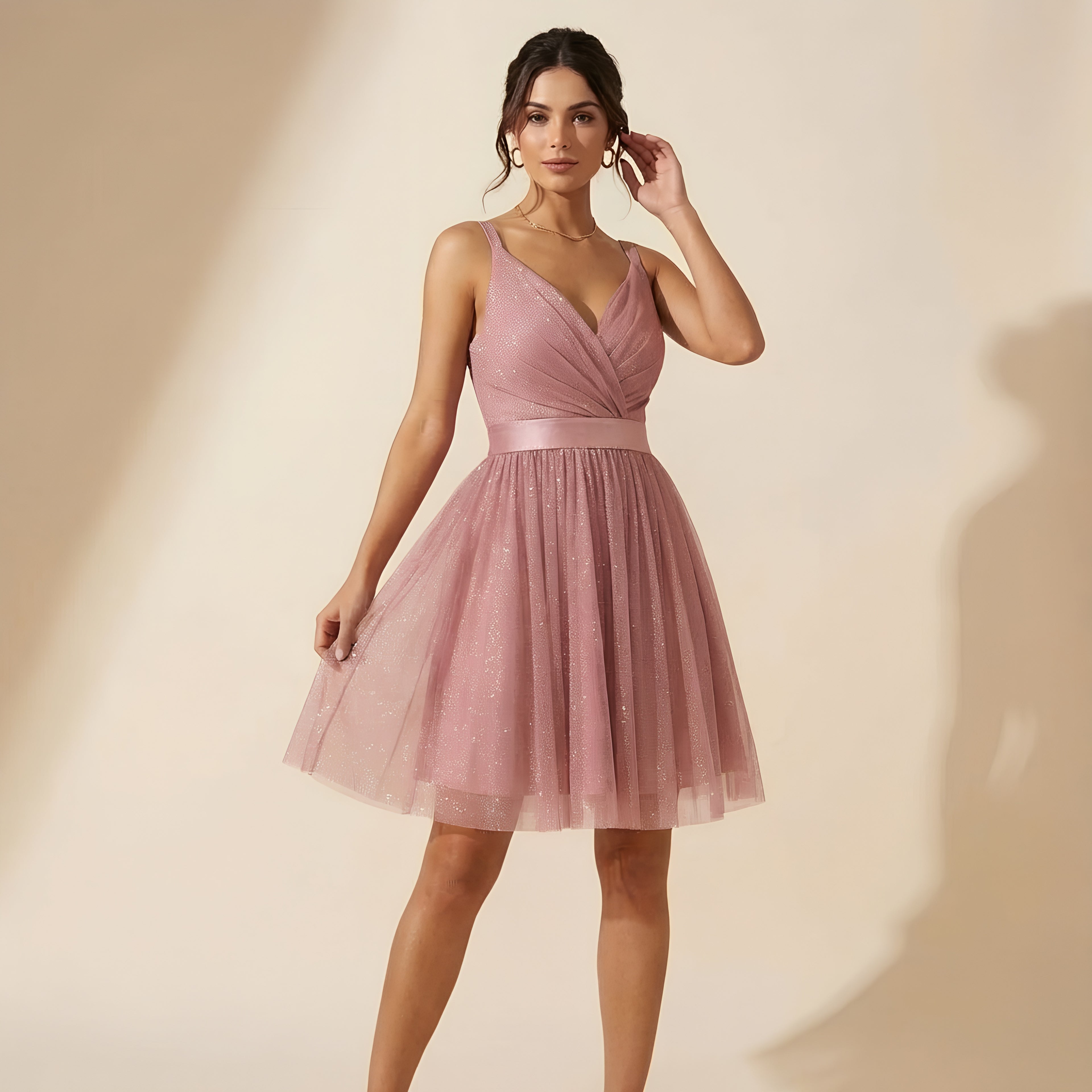 Vestido de Festa Elegante Sem Mangas com Decote Profundo em V em Glitter