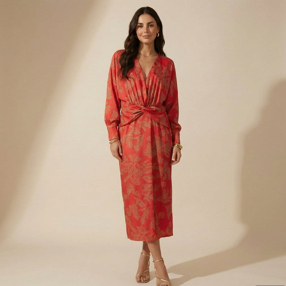 Vestido Artístico Decote V – Manga 3/4