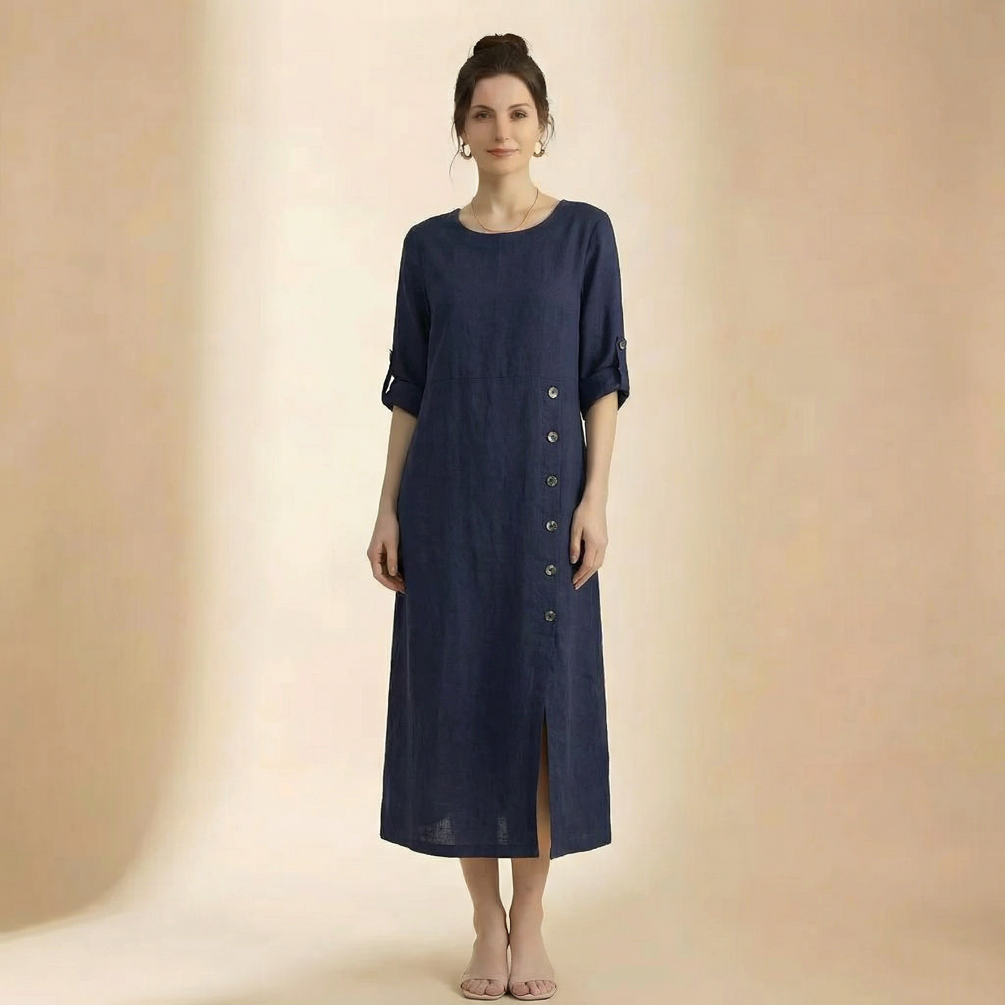 Vestido casual de manga curta com decote redondo