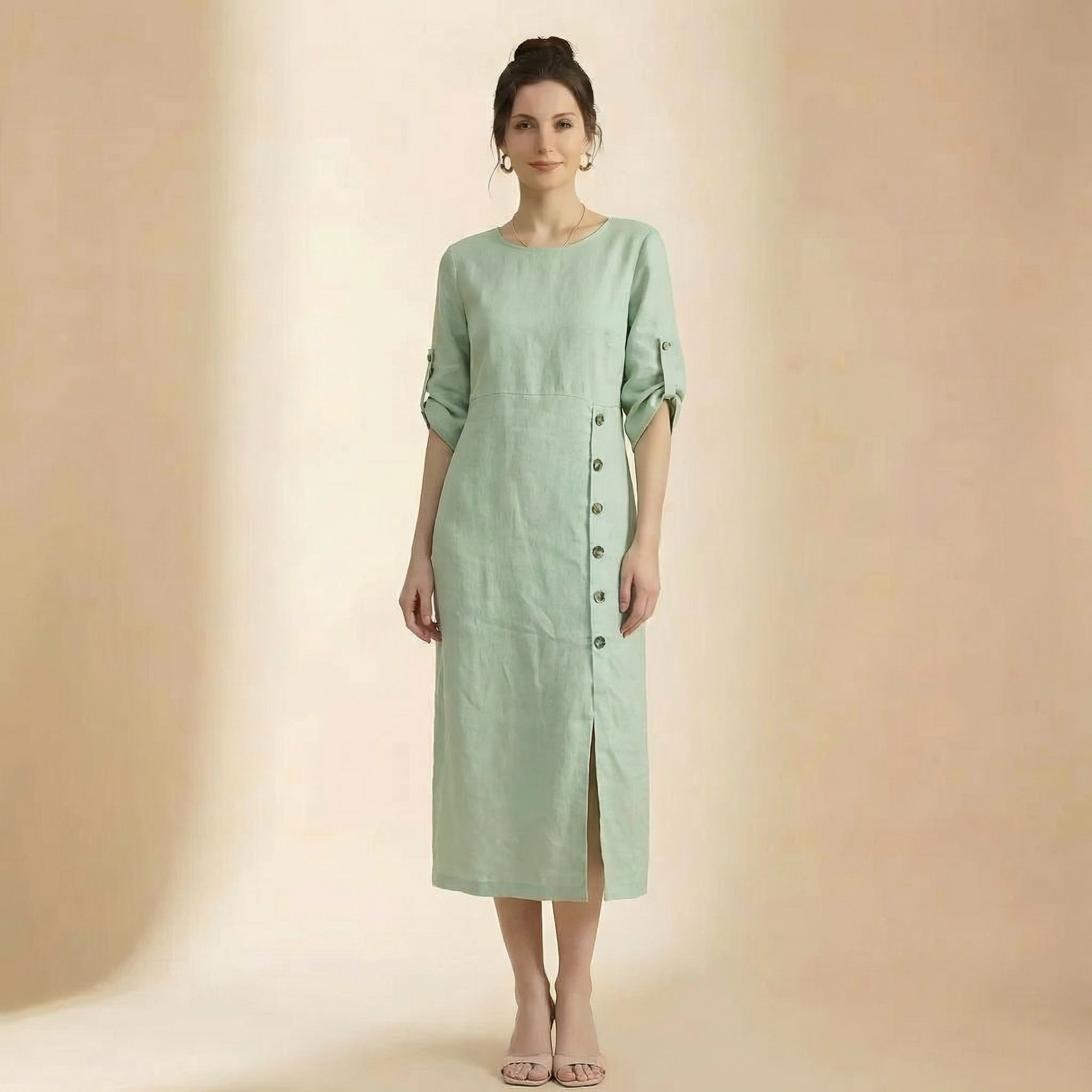 Vestido casual de manga curta com decote redondo