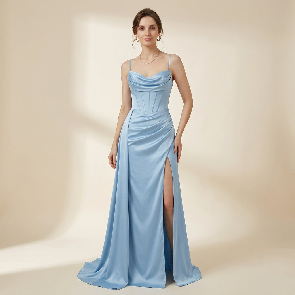 estido Longo de Bandagem com Alças Finas e Fenda de Costas Abertas