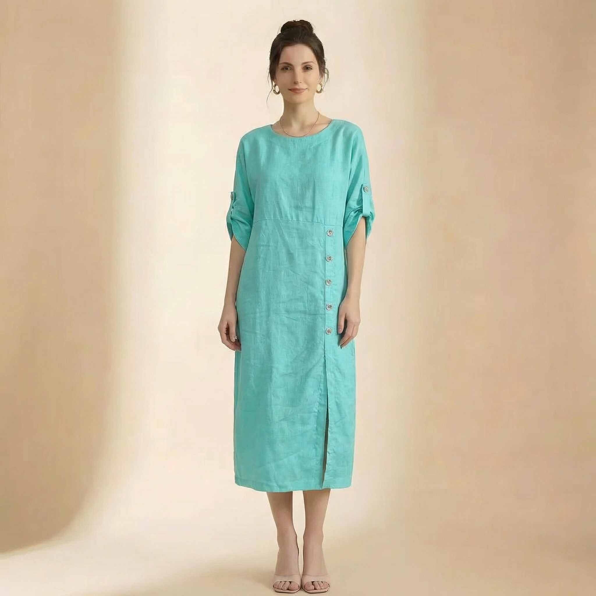 Vestido casual de manga curta com decote redondo