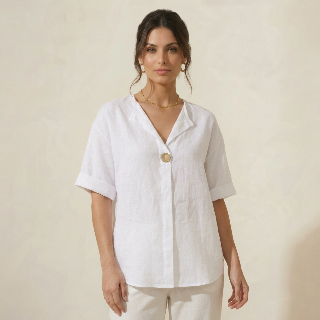 Blusa em Algodão e Linho com Manga Longa e Decote em V