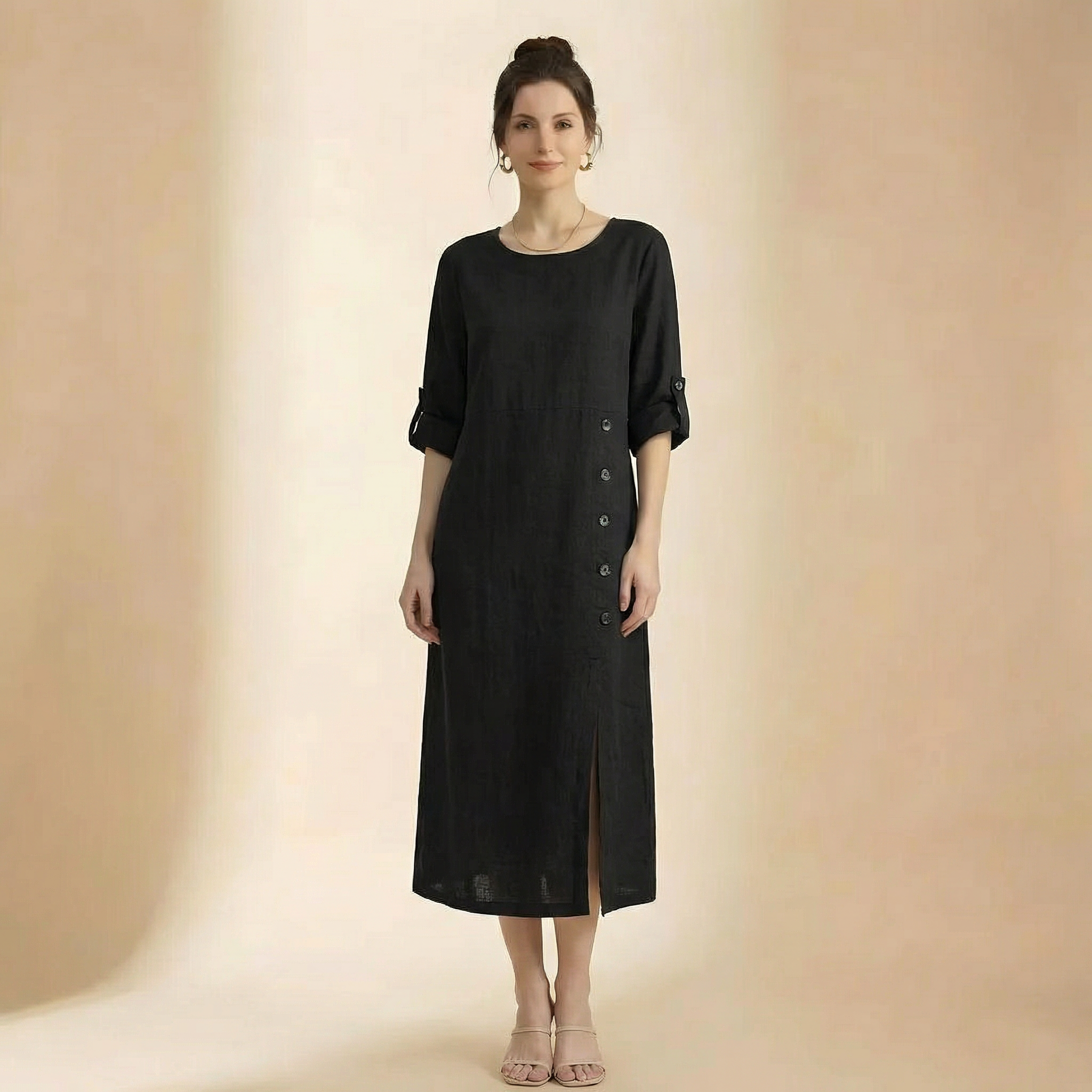 Vestido casual de manga curta com decote redondo