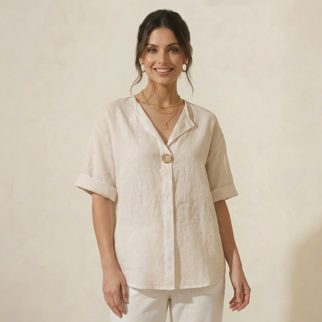 Blusa em Algodão e Linho com Manga Longa e Decote em V