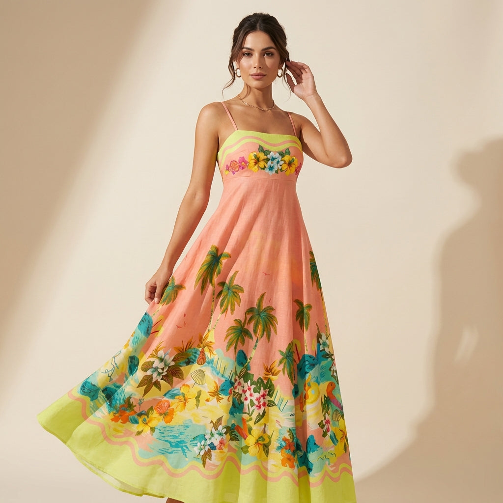 Vestido Longo Estampado de Verão com Costas Abertas