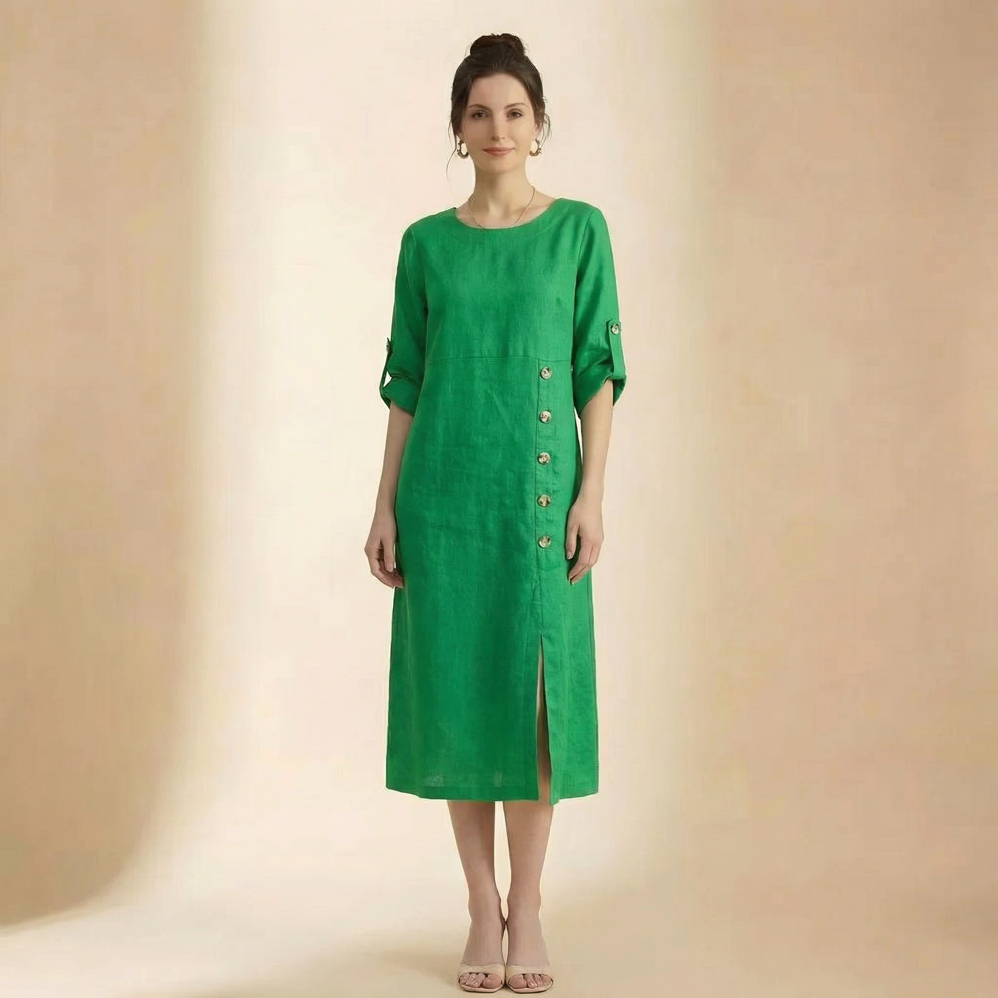 Vestido casual de manga curta com decote redondo