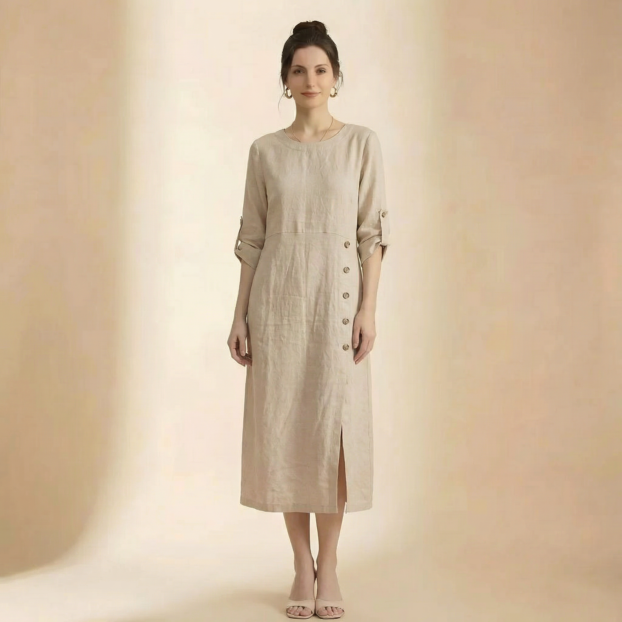 Vestido casual de manga curta com decote redondo