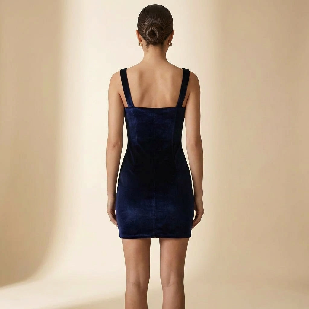 Vestido Curto Azul com Decote em V sem Mangas