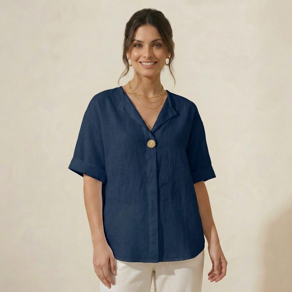 Blusa em Algodão e Linho com Manga Longa e Decote em V