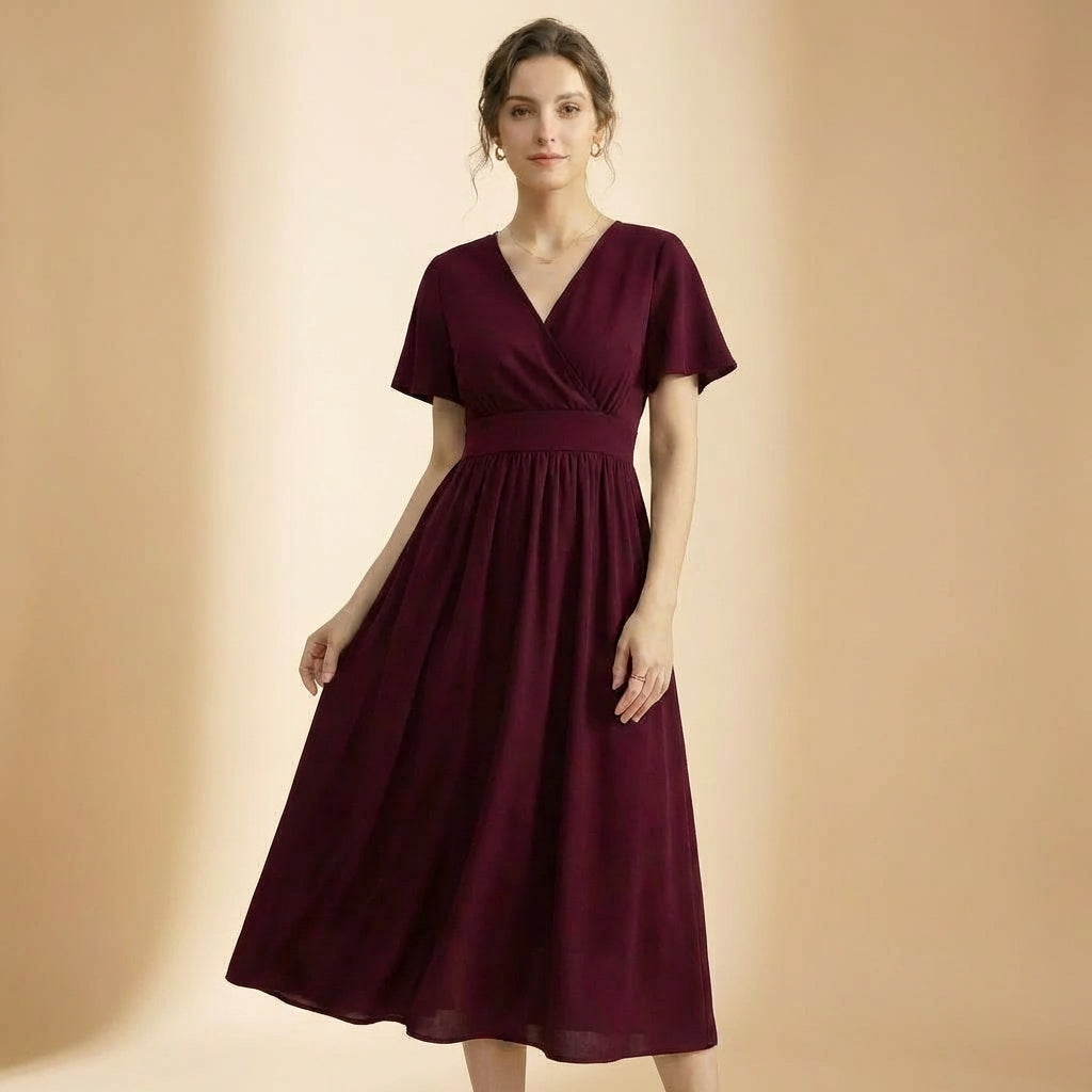 Vestido Longo com Decote em V com Mangas Sino