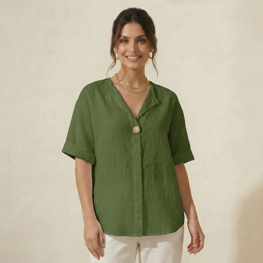 Blusa em Algodão e Linho com Manga Longa e Decote em V