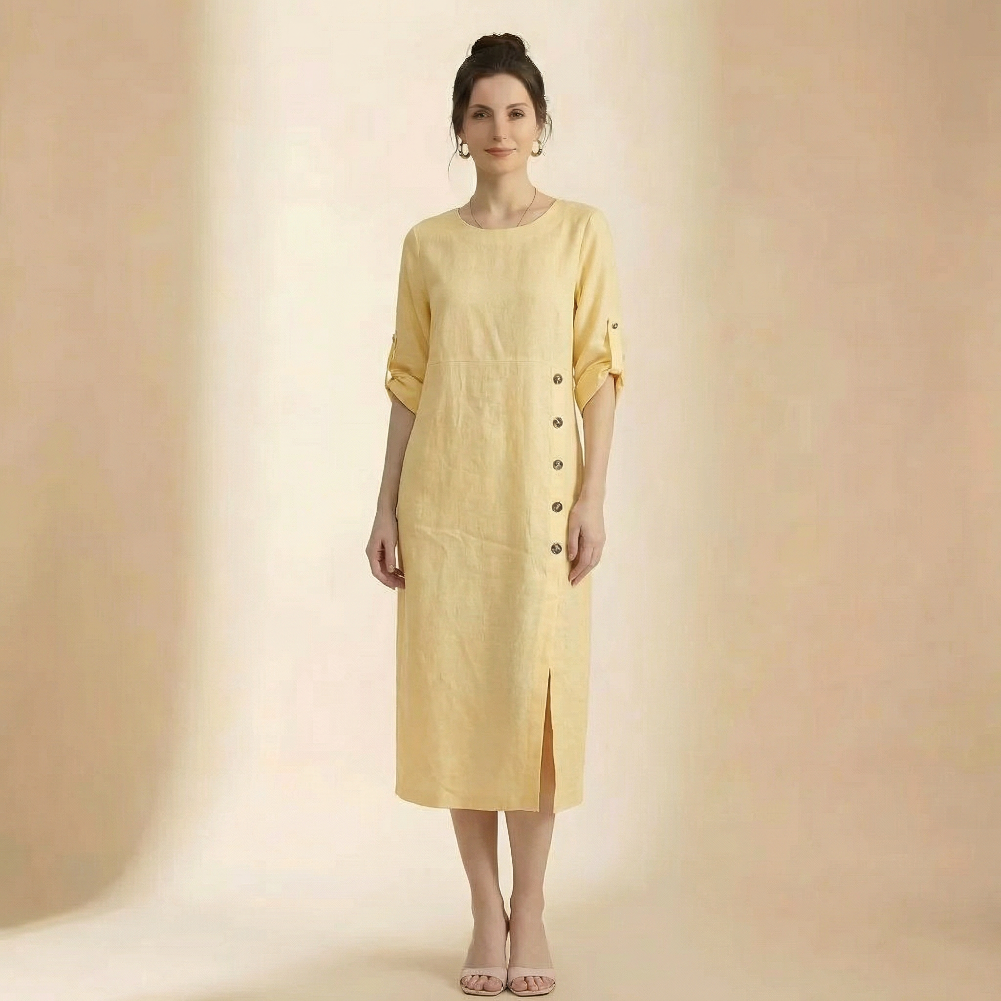 Vestido casual de manga curta com decote redondo