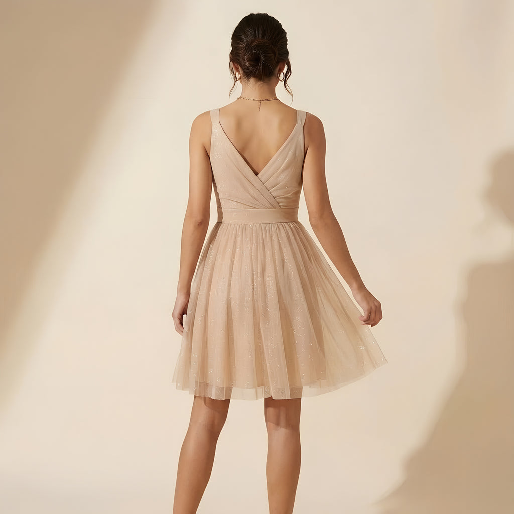 Vestido de Festa Elegante Sem Mangas com Decote Profundo em V em Glitter