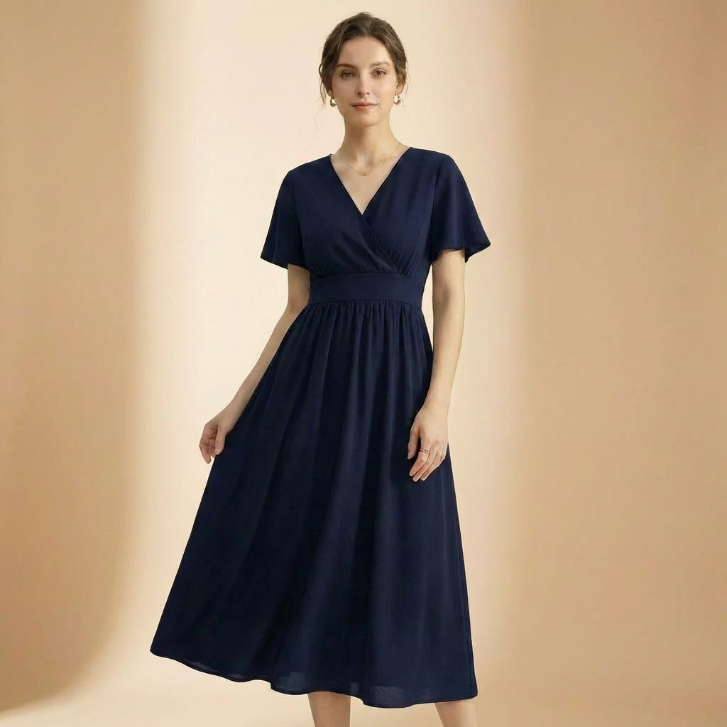 Vestido Longo com Decote em V com Mangas Sino