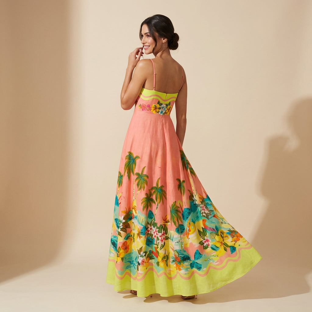 Vestido Longo Estampado de Verão com Costas Abertas