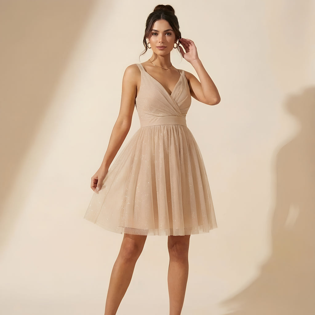 Vestido de Festa Elegante Sem Mangas com Decote Profundo em V em Glitter