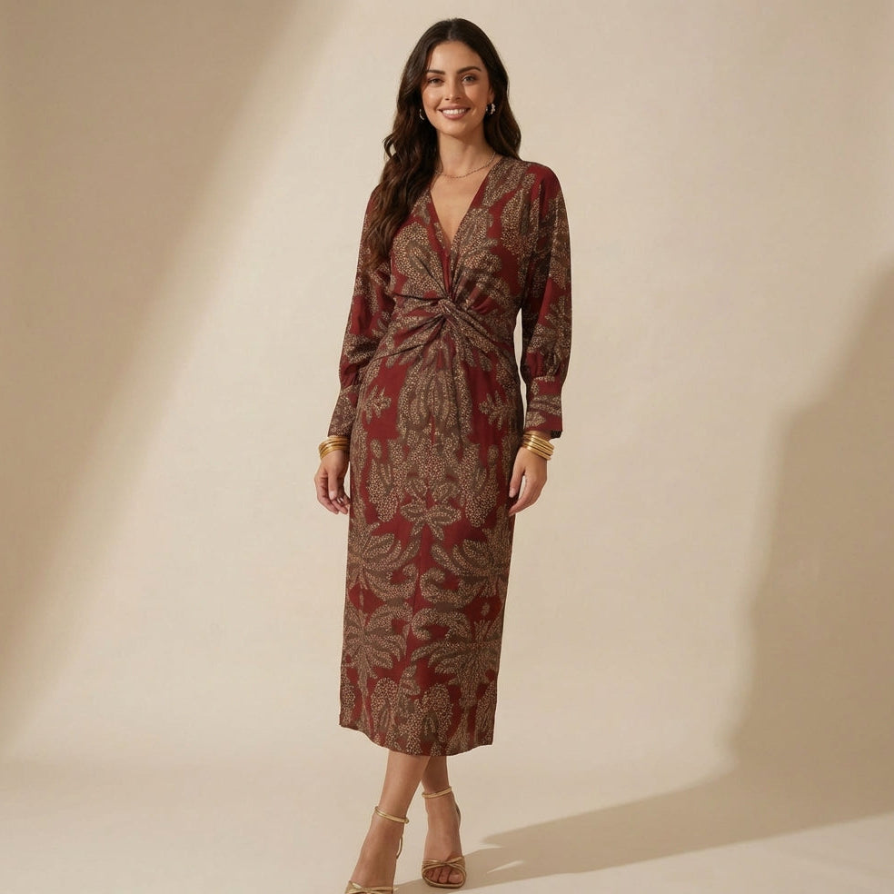 Vestido Artístico Decote V – Manga 3/4