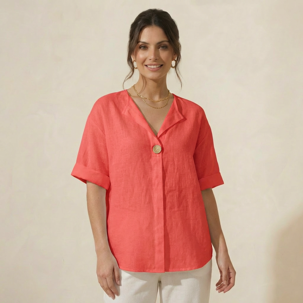 Blusa em Algodão e Linho com Manga Longa e Decote em V