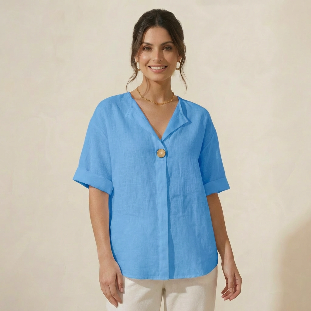 Blusa em Algodão e Linho com Manga Longa e Decote em V