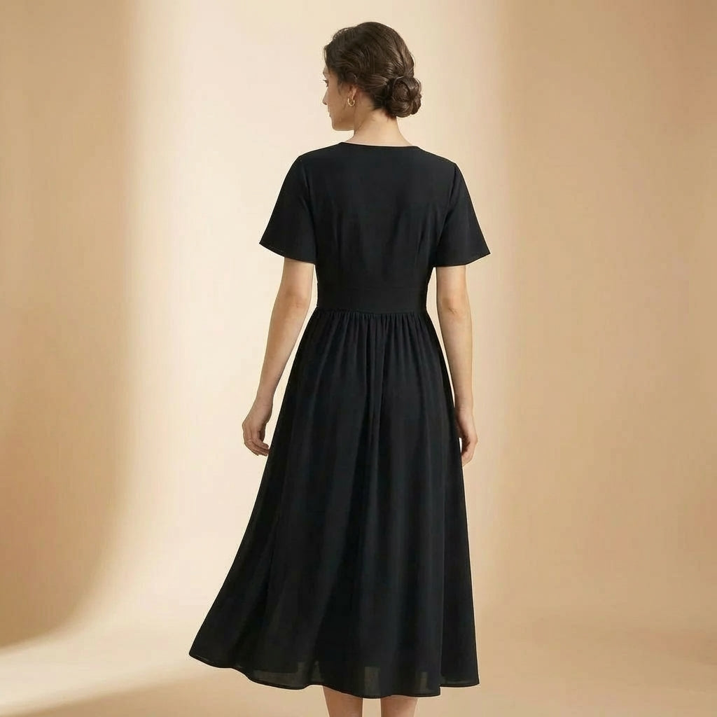 Vestido Longo com Decote em V com Mangas Sino