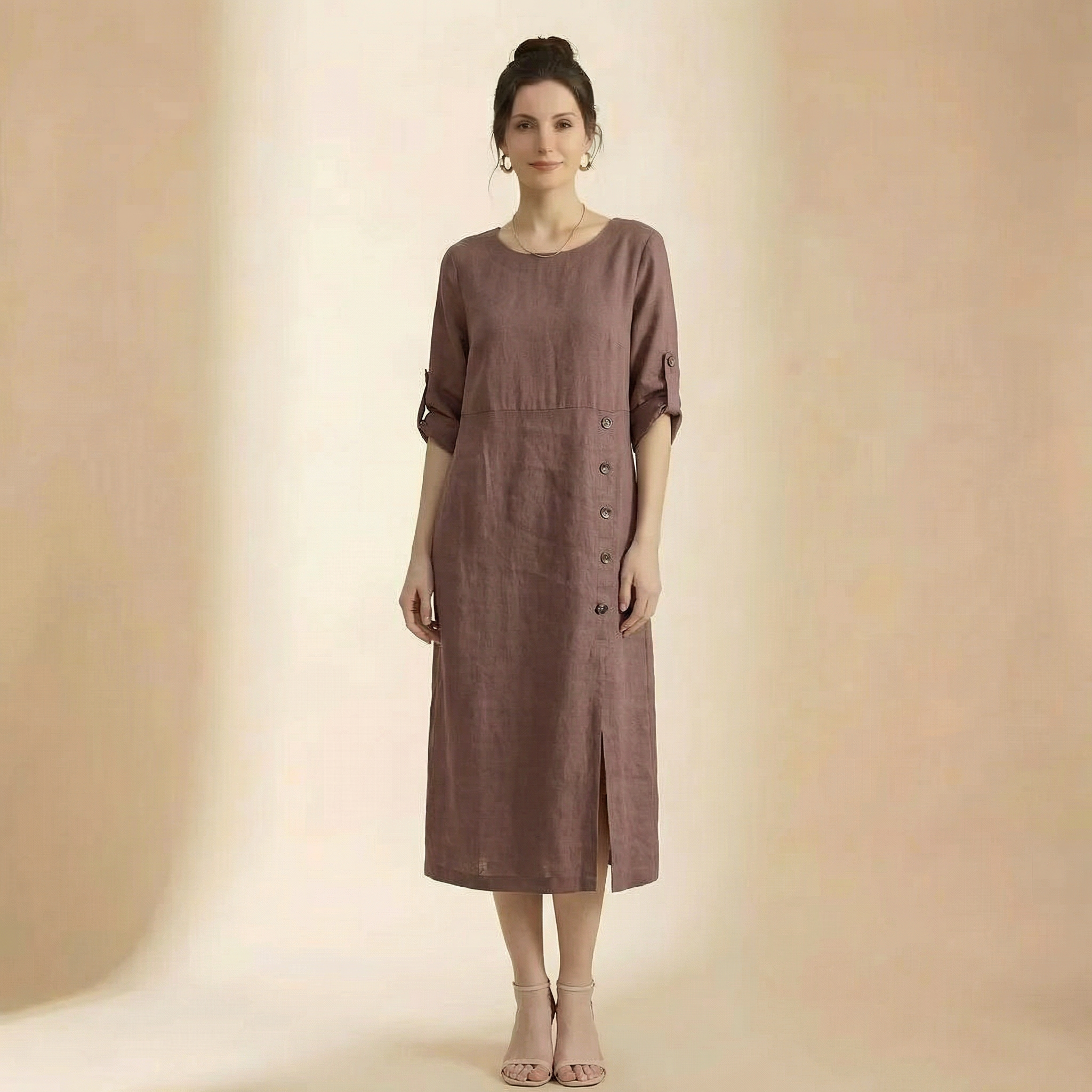 Vestido casual de manga curta com decote redondo