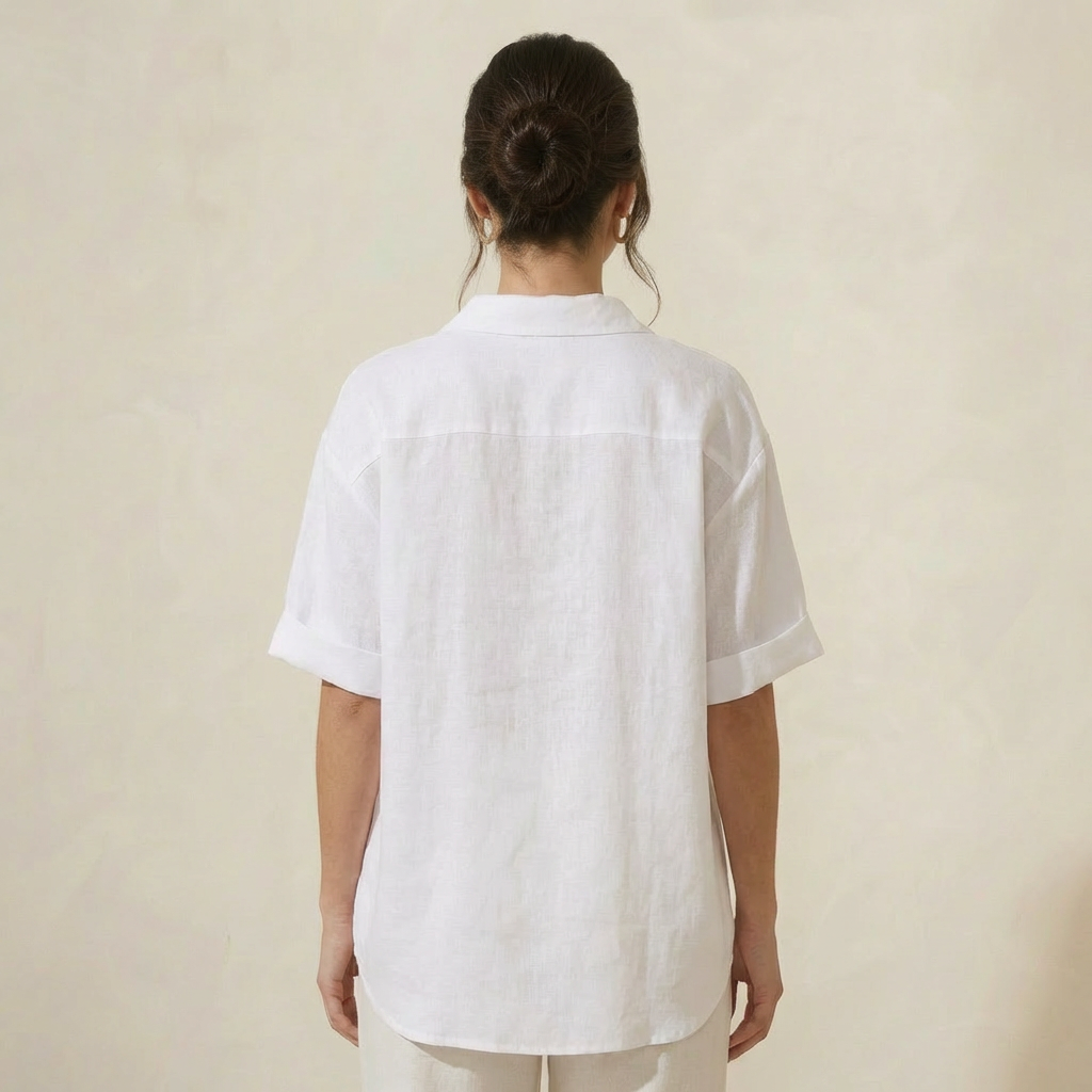 Blusa em Algodão e Linho com Manga Longa e Decote em V